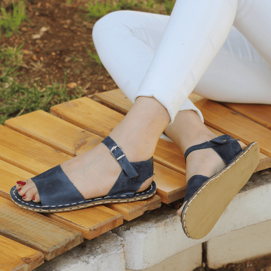 BAND Women's Navy Blue Leather Barefoot Huarache Sandals-Women's Sandals-Nefes Shoes-3-Nefes Shoes