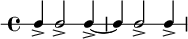 
 \new RhythmicStaff {
   \clef percussion
   \time 4/4
   \set Score.tempoHideNote = ##t \tempo 4 = 100
   c4-> c2-> c4->~ c c2-> c4->
}
