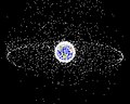 Image 48A computer-generated image mapping the prevalence of artificial satellites and space debris around Earth in geosynchronous and low Earth orbit (from Earth)