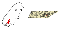 Location of Dayton in Rhea County, Tennessee.