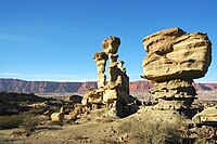 Landforms in the Monte Desert at Ischigualasto, Argentina. Much of the southern cone is covered by the Arid Diagonal of which Monte Desert is part.