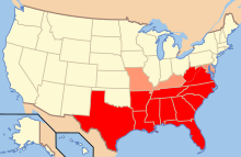 map of United States with southeastern states highlighted in shades of red