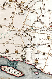 A map on old paper showing a river flowing from the top to a larger river in the bottom, with roads crossing it and small pictures of houses with family names next to them