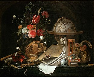 Vanitas Still Life; by Maria van Oosterwijck; 1668; oil on canvas; 73 x 88.5 cm; Kunsthistorisches Museum[111]