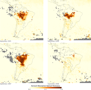 Aerosols over the Amazon each September for four burning seasons (2005 through 2008). The aerosol scale (yellow to dark reddish-brown) indicates the relative amount of particles that absorb sunlight.