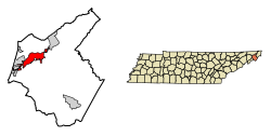 Location of Elizabethton in Carter County, Tennessee.