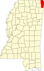 Map of Mississippi highlighting Tishomingo County