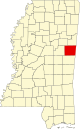 State map highlighting Noxubee County