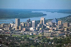 Downtown Memphis from the southeast, with the Mississippi River in the background