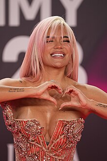 Karol G, wearing an ornate strapless dress, forms a heart with her two hands and smiles with letters behind her.