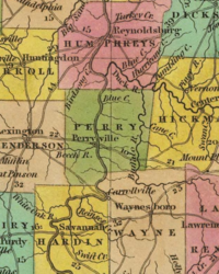 A colored map from 1836 depicting the borders of Perry County. Since this was prior to the separation of Decatur County, Perry County's borders straddle the Tennessee River