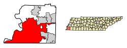 Memphisin sijainti Shelbyn piirikunnassa ja Tennesseessä