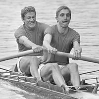 Two rowers with one oar each