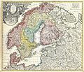 Image 4 Homann map Map: Johann Baptist Homann A detailed eighteenth-century map of Scandinavia by J. B. Homann, depicting Denmark, Norway, Sweden, Finland and the Baltic states of Livonia, Latvia and Curlandia. The map notes fortified cities, villages, roads, bridges, forests, castles and topography. The elaborate title cartouche in the upper left quadrant features angels supporting a title curtain and a medallion supporting an alternative title in French, "Les Trois Covronnes du Nord". Born in 1664, Homann became an engraver and cartographer in the late 17th century, and opened his own publishing house in 1702. In 1715 Emperor Charles VI appointed him Imperial Geographer of the Holy Roman Empire. Homann held the position until his death in 1724. More selected pictures