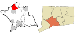 Waterbury's location within New Haven County and Connecticut