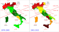 Italian emigration per region from 1876 to 1900 and from 1901 to 1915