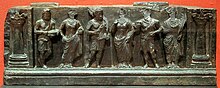 Gandhara frieze with devotees, holding Plantain leaves 1st-2nd century AD.