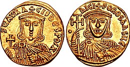 a gold coin bearing the image of Nikephoros (right) and Staurakios (left)