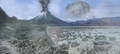 Image 20An artist's impression of the Archean, the eon after Earth's formation, featuring round stromatolites, which are early oxygen-producing forms of life from billions of years ago. After the Late Heavy Bombardment, Earth's crust had cooled, its water-rich barren surface is marked by continents and volcanoes, with the Moon still orbiting Earth half as far as it is today, appearing 2.8 times larger and producing strong tides. (from Earth)