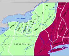 Map of New York showing Algonquian tribes in the eastern and southern portions and Iroquoian tribes to the western and northern portions.