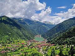 Black Sea Region: Uzungöl in Trabzon. Lush forests are found around the Pontic Mountains thanks to the high amounts of precipitation on the northern side of the mountain range.[335]