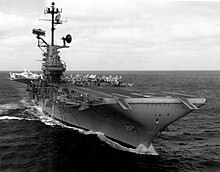 Aircraft carrier at sea.