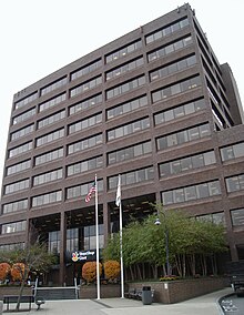 A brown 10-story office building, headquarters building of Stop & Shop supermarket chain in Quincy Center