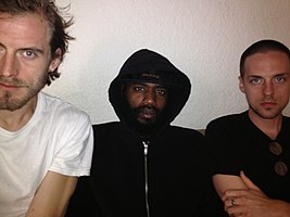 Death Grips in January 2014: Zach Hill, Stefan Burnett, Andy Morin