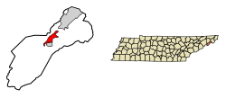 Location of Erwin in Unicoi County, Tennessee.