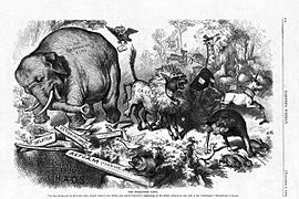 An 1874 cartoon by Thomas Nast, featuring the first notable appearance of the Republican elephant[188]