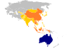 Map showing the Australia in blue, and the nations where Asian Australians originate from in shades of orange