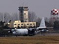 A C-130 Hercules aircraft lands at the Camp Humphreys airfield.