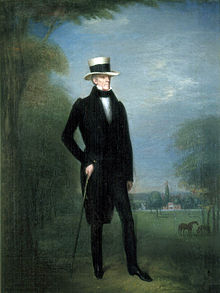 Painting of a man with a tall white hat, cane, black pants and coat, and a white shirt. He is standing on grass beside a tree.