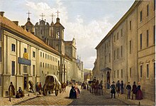 Early 19th-century painting of a cobbled city street
