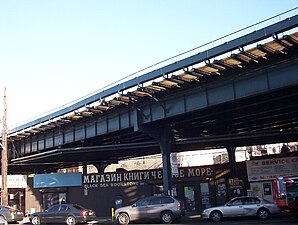 A Russian-language bookstore under the New York City Subway tracks on Coney Island Avenue in Brighton Beach