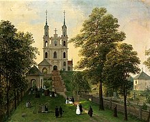 Painting of a church at the top of many steps
