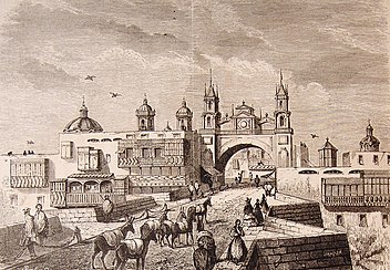 Puente de Piedra Bridge, the former Arco del Puente Gate and the Walls of Lima in 1878 by El Viajero Ilustrado. Old Fund of the University of Seville.[34]