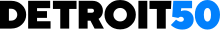 The words "Detroit 50" in a bold sans-serif font. "Detroit" is in black and "50" is in light blue.