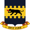 An insignia with a dark four-legged feline breathing fire on a yellow background. There is a blue artistic border at the top and bottom. Below a banner reads "Spit fire".