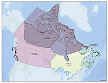 Map showing the operating regions of the Canadian Coast Guard (left to right): Western region (BC, Alberta, Saskatchewan, Manitoba, Yukon minus the Yukon North Slope), Arctic region (Yukon, Northwest Territories, Nunavut, Hudson Bay and James Bay), Central region (Ontario and Quebec) and Atlantic region (Newfoundland and Labrador, Nova Scotia, New Brunswick and Prince Edward Island).