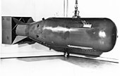 Photograph of a mock-up of the Little Boy nuclear weapon dropped on Hiroshima, Japan, in August 1945.