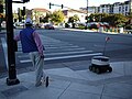 Image 140A man and a delivery robot waiting at a pedestrian crossing in Redwood City, California, United States. E-commerce spurred advancements in drone delivery and transformed parts of the services and retail sectors (from 2010s)