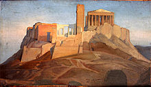 Painting of the Acropolis of Athens: a large tower is visible in the middle, next to a classical building.