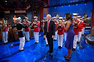 A detachment of "The President's Own", the U.S. Marine Band, appears with First Lady of the United States Michelle Obama on The Late Show with David Letterman in 2015