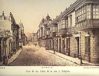 Colonial Calles de la Oca and de Bodegones (Lima) in 1866 by Manuel A. Fuentes and Firmin Didot, Brothers, Sons & Co. University of Chicago Library.[33]