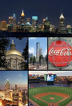 Dari atas kiri: Pemandangan kota dari Buckhead, Georgia State Capitol, Centennial Olympic Park, World of Coca Cola, pemandangan Downtown Atlanta dan Turner Field