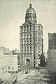 Drawing of 20-story building with a tan exterior; the roof is topped with a large, gold dome and a flagpole.