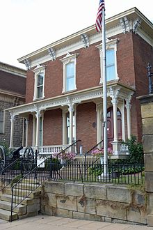 This two-story building is made of bricks.