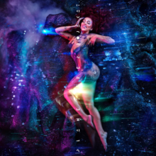 Doja Cat covered in blue paint and glitter, touching the side of her face with her right hand. The background is predominantly blue and purple, evocative of a galaxy. On the center, the text "PLANET HER DOJA CAT" is printed in white text, rotated 90 degrees counterclockwise. The text in question is read from bottom to top.