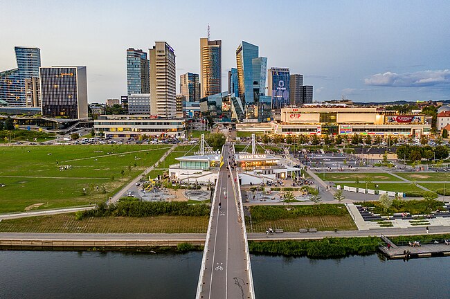 Aerial view of the skyline and a bridge